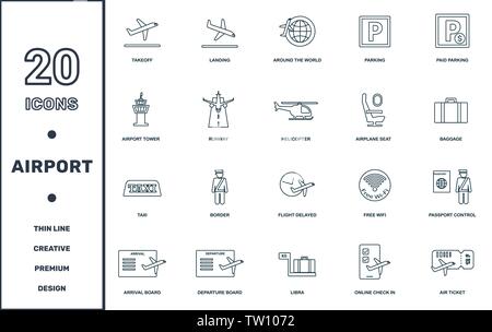 Airport set icons collection. Includes simple elements such as Takeoff, Landing, Around The World, Parking, Paid Parking, Airport Tower and Runway Stock Vector