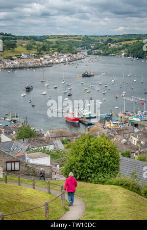 The quaint Cornish villages of Polruan and Fowey as seen from the top of St Saviours Hill. Stock Photo