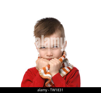 Cute little boy wrapping up in warm scarf on white background Stock Photo