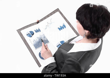 close up. business woman analyzing financial data . isolated on white background Stock Photo