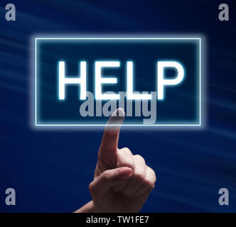 Woman hand pushing Help button on blue background, support concept Stock Photo