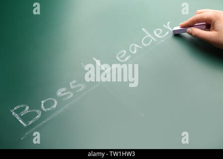 Female hand with chalk and words BOSS VS LEADER on chalkboard Stock Photo