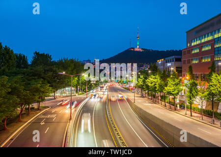 Traffic at Night in Seoul City,South Korea. Stock Photo