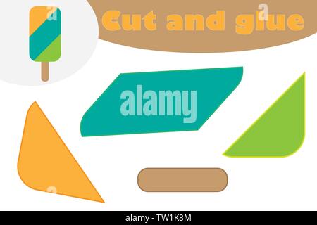 Ice cream in cartoon style, education game for the development of preschool children, use scissors and glue to create the applique, cut parts of the Stock Vector
