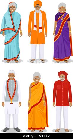 Set of different standing indian old in the traditional clothing isolated on white background in flat style. Differences senior people men and women Stock Vector