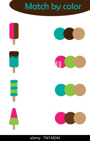 Matching game for children, connect colorful ice cream with same color palette, preschool worksheet activity for kids, task for the development of Stock Vector