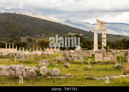 Epidaurus, Greece. The Ancient Temple and Abaton of Epidaurus, in the sanctuary dedicated to the ancient Greek God of medicine, Asclepius Stock Photo