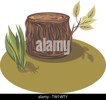 Vector Illustration of a cartoon big tree stump with some leaves and some blades of grass. Tree Stump. Stock Vector