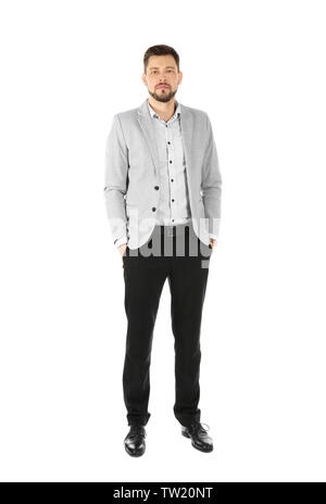 Handsome man in elegant suit on white background Stock Photo