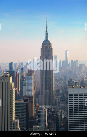 Epic view of Empire State & OWO from the Rockefeller at sunset, NEw York City, New York, USA Stock Photo