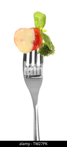 Fork with pinned snack on white background Stock Photo
