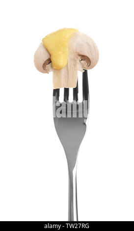Fork with pinned snack on white background Stock Photo