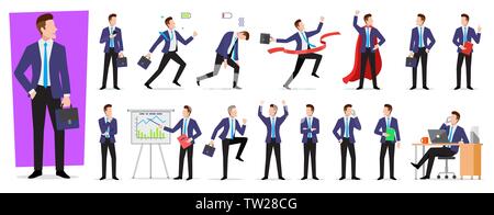 Set of character businessman employee with suitcase in different situations poses, vector Stock Vector