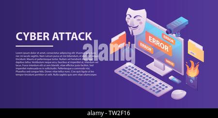 Cyber attack concept banner, isometric style Stock Vector