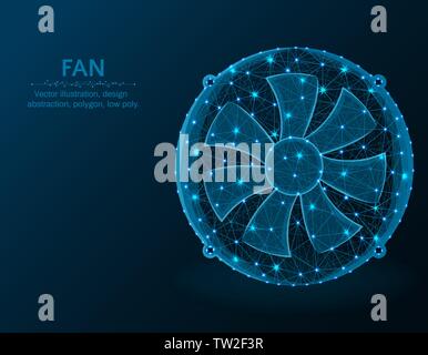 Fan low poly graphic model, polygonal electronic equipment, cooling system wire frame vector illustration on dark blue background Stock Vector