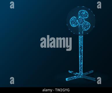 Household fan low poly graphic model, polygonal electronic equipment, cooling system wire frame vector illustration on dark blue background Stock Vector