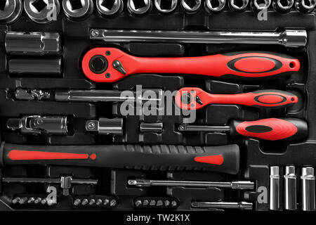 Box with set of tools, top view Stock Photo