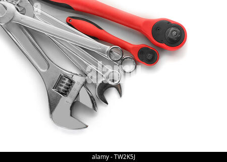 Combination and screw wrenches with ratchets on white background Stock Photo