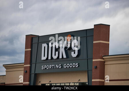 Storefront sign with some sky and clouds. June 2019. Southern Indiana. Dick's Sporting Goods Stock Photo