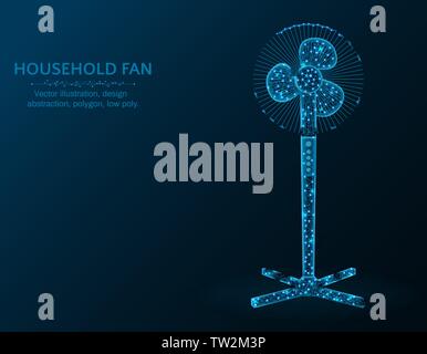 Household fan low poly graphic model, polygonal electronic equipment, cooling system wire frame vector illustration on dark blue background Stock Vector