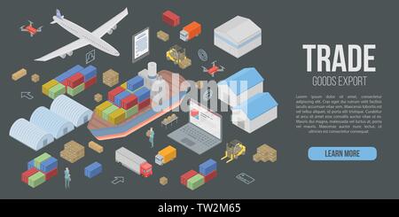 Trade goods export concept banner, isometric style Stock Vector