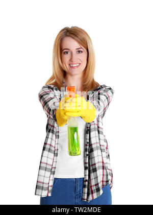 Happy young woman with spray for cleaning window on white background Stock Photo