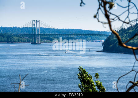 A view of the Narrows Bridge in Tacoma, Washington. Stock Photo