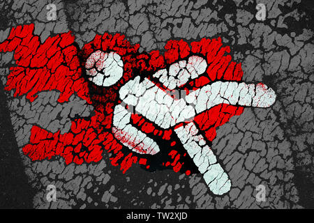 White pedestrian icon with red stains around symbolizes a person who was hit by car on the road Stock Photo