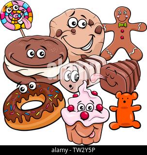 Cartoon Illustration of Sweet Food Cakes and Cookies Characters Group Stock Vector
