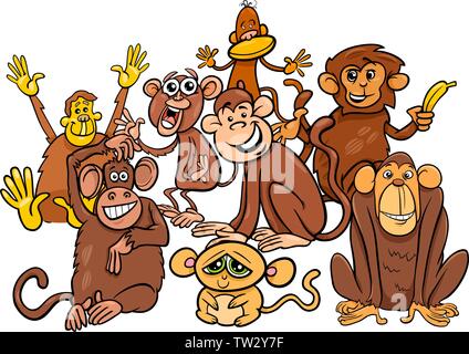 Cartoon illustration of apes and monkeys primate animal characters set ...