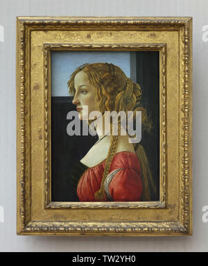 Painting 'Portrait of a Young Woman, probably Simonetta Vespucci' by Italian Renaissance painter Sandro Botticelli (1460-1464) on display in the Berliner Gemäldegalerie (Berlin Picture Gallery) in Berlin, Germany. Stock Photo