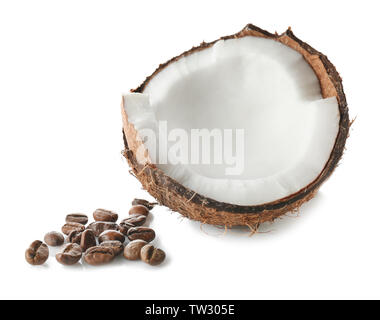 Coconut and coffee beans on white background Stock Photo