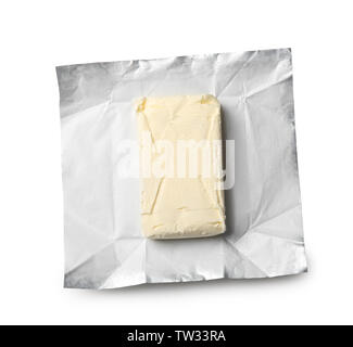 Wrapping with piece of butter on white background Stock Photo - Alamy