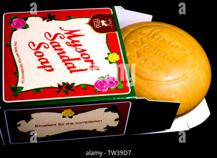 A fresh bar of Mysore sandal soap in its presentation box, a brand manufactured since 1916 by Indian company Karnataka Soaps and Detergents. Stock Photo