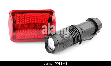 Safety lights for bicycle on white background Stock Photo