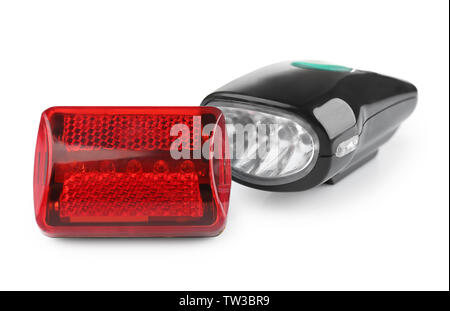 Safety lights for bicycle on white background Stock Photo