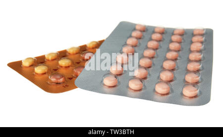 Oral contraception concept. Two packages of birth control pills on white background Stock Photo