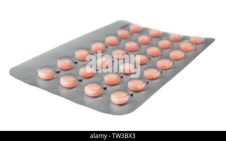 Oral contraception concept. Package of birth control pills on white background Stock Photo