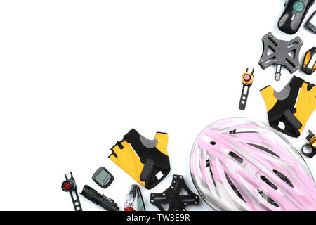 Set of bicycle accessories on white background Stock Photo