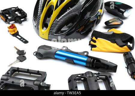 Set of bicycle accessories on white background Stock Photo