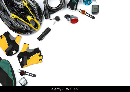 Set of bicycle accessories on white background Stock Photo