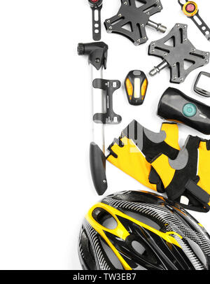 Set of bicycle accessories on white background Stock Photo
