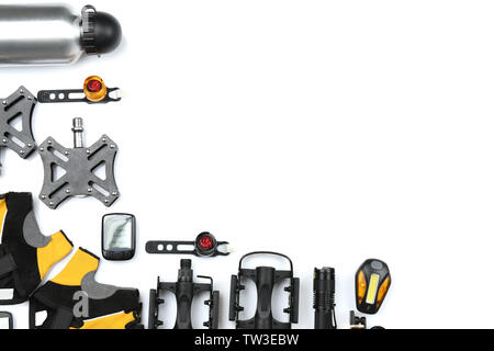 Set of bicycle accessories on white background Stock Photo