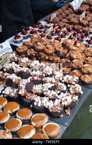 Homemade chocolate brownies on a food stall at Stonor Park food festival. Stonor, Henley-on-Thames, Oxfordshire, England Stock Photo