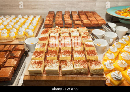 Small assorted cakes lined up decorated on dessert buffet along with fruit salad. Sweet paradise. Stock Photo