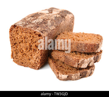 Loaf and three slices of rye bread on white background Stock Photo