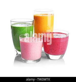 Fruit smoothies with kiwi, blueberry, orange, strawberry flavors on white background Stock Photo