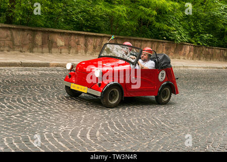 Lviv, Ukraine - June 2, 2019: Old retro car С-3АМ  with its owner and  unknown passenger taking participation in race Leopolis grand prix 2019, Ukrain Stock Photo