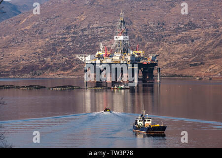 Ocean GreatWhite, world's largest semi-submersible drilling rig in Loch Kishorn for maintenance at Kishorn Port Ltd, Loch Kishorn, Highland Scotland Stock Photo