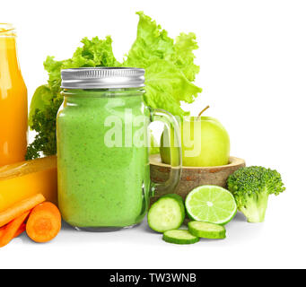 Fresh smoothies with fruits and vegetables on white background Stock Photo